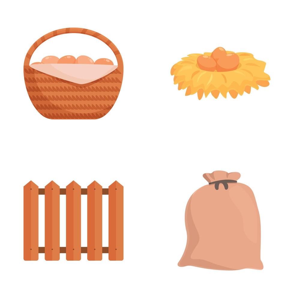 Set of country life icons  basket, hay, fence, sack vector