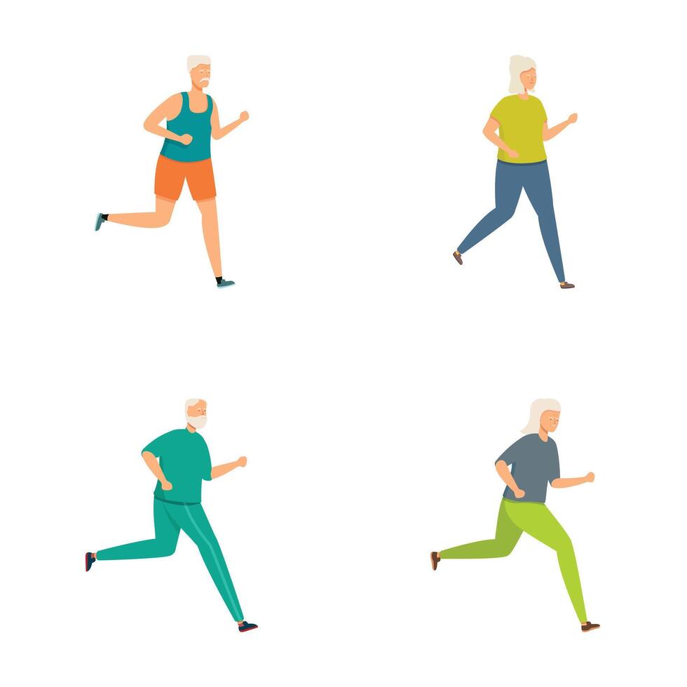 Collection of four illustrations showing active senior individuals jogging vector