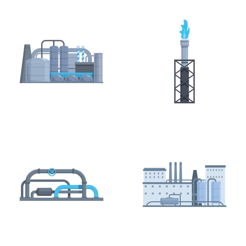 Vector icons depicting elements of industrial infrastructure including a factory, refinery, pipelines, and flare stack