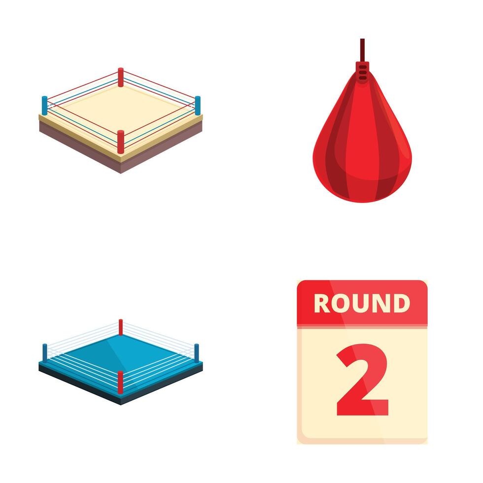 Collection of boxingrelated icons featuring a ring, punch bag, and round card vector