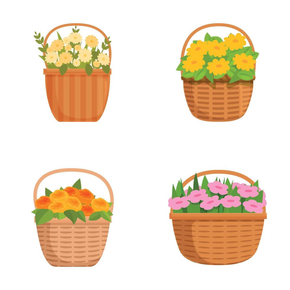 Collection of colorful flower baskets illustration vector