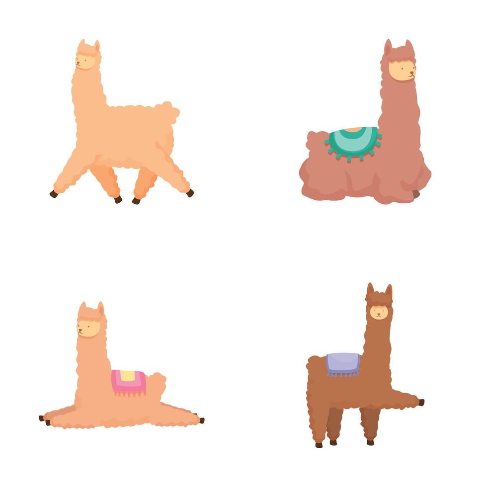 Set of four cute cartoon llamas in various poses and with colorful accessories vector