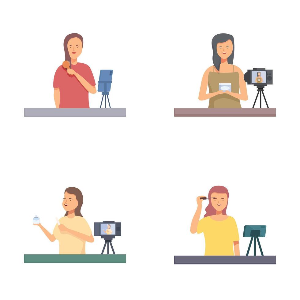 Set of female vloggers creating content vector