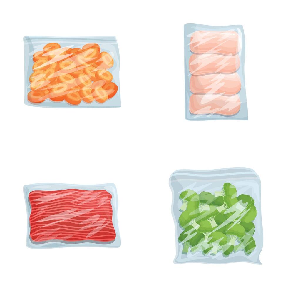 Digital illustration of various vacuumsealed food items including meats and vegetables vector