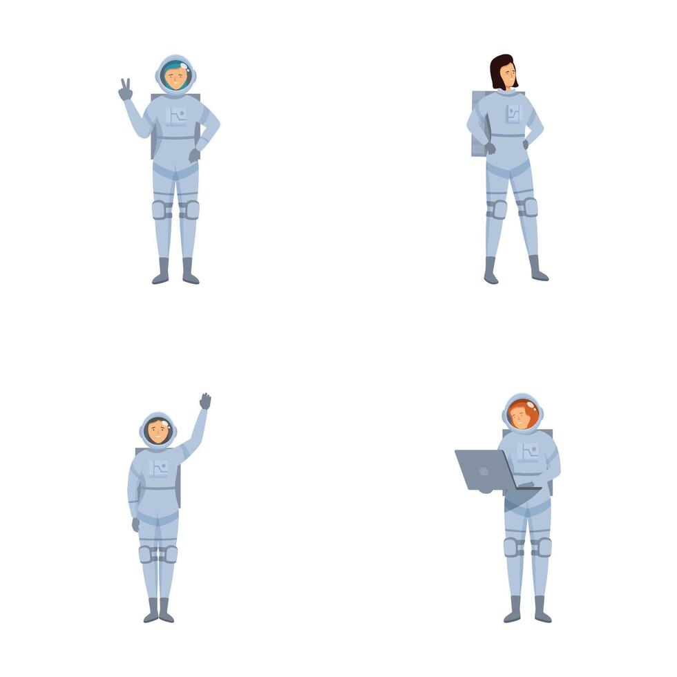 Set of cartoon astronaut characters in different poses vector