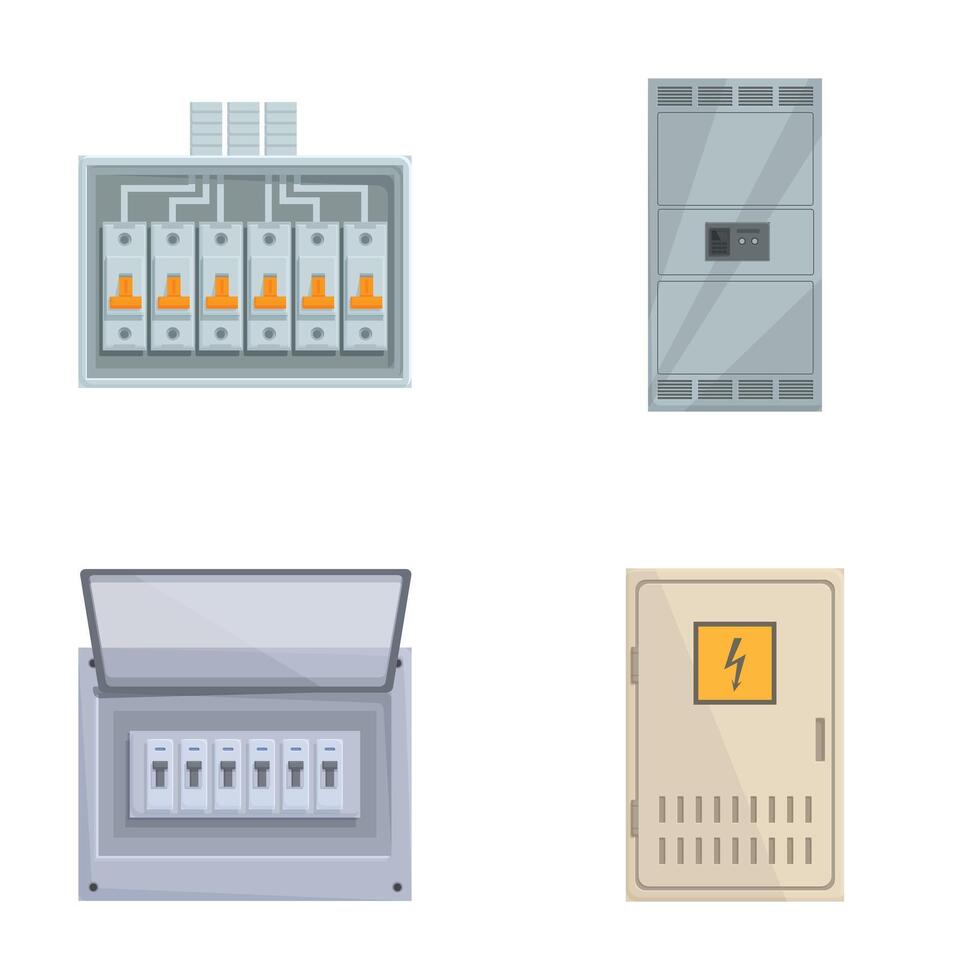 Set of various electrical panels and circuit breakers vector