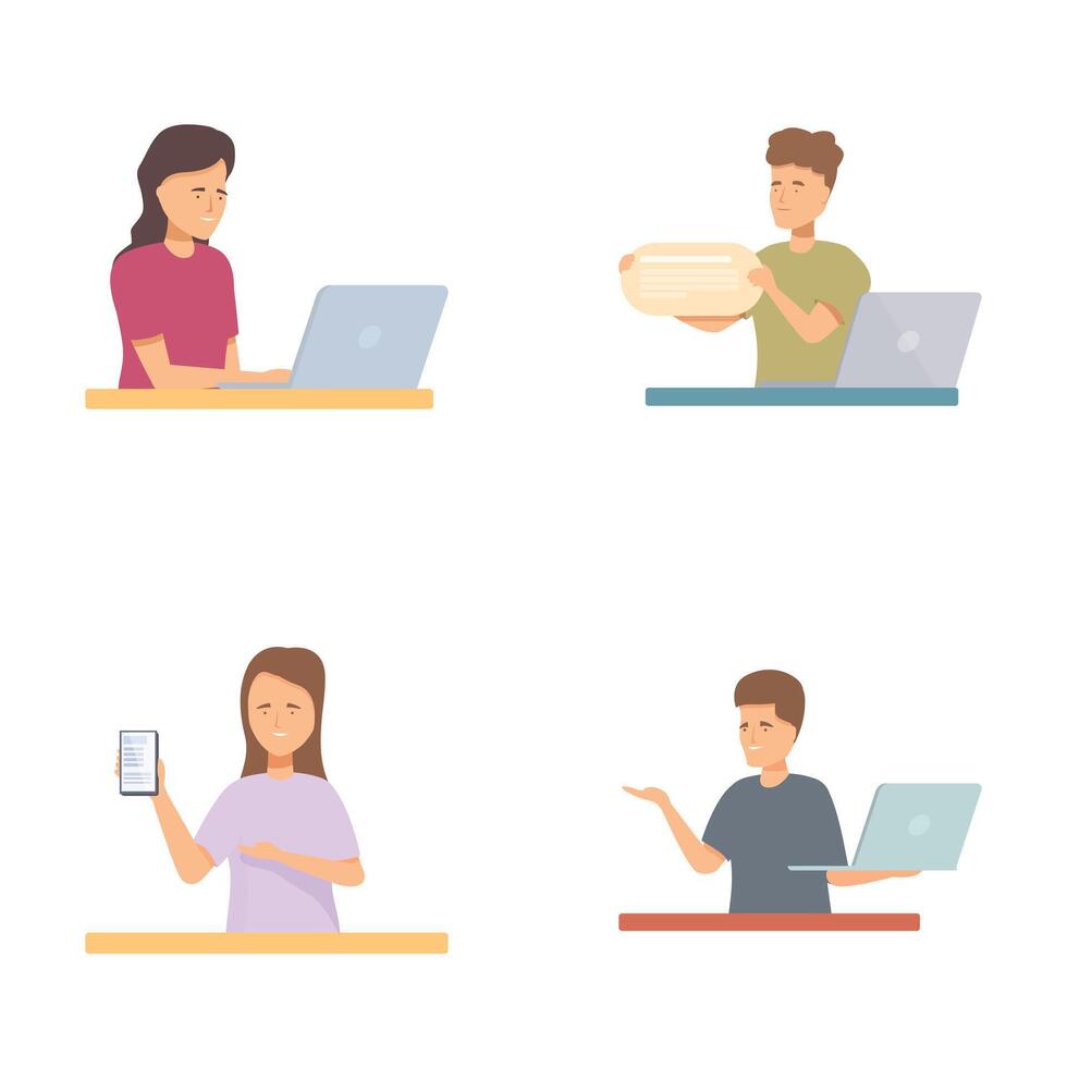 Set of four modern people using technology vector