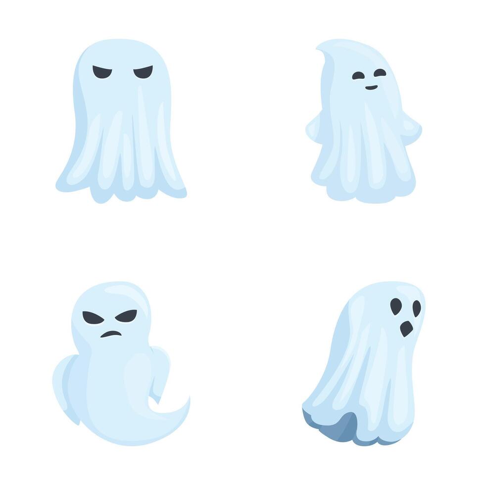 Collection of four friendly ghost illustrations, each with a unique expression and style vector