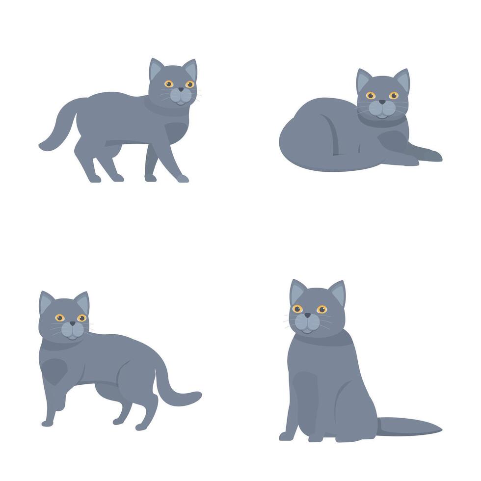 Set of four cute grey cartoon cats in various poses on a plain background vector