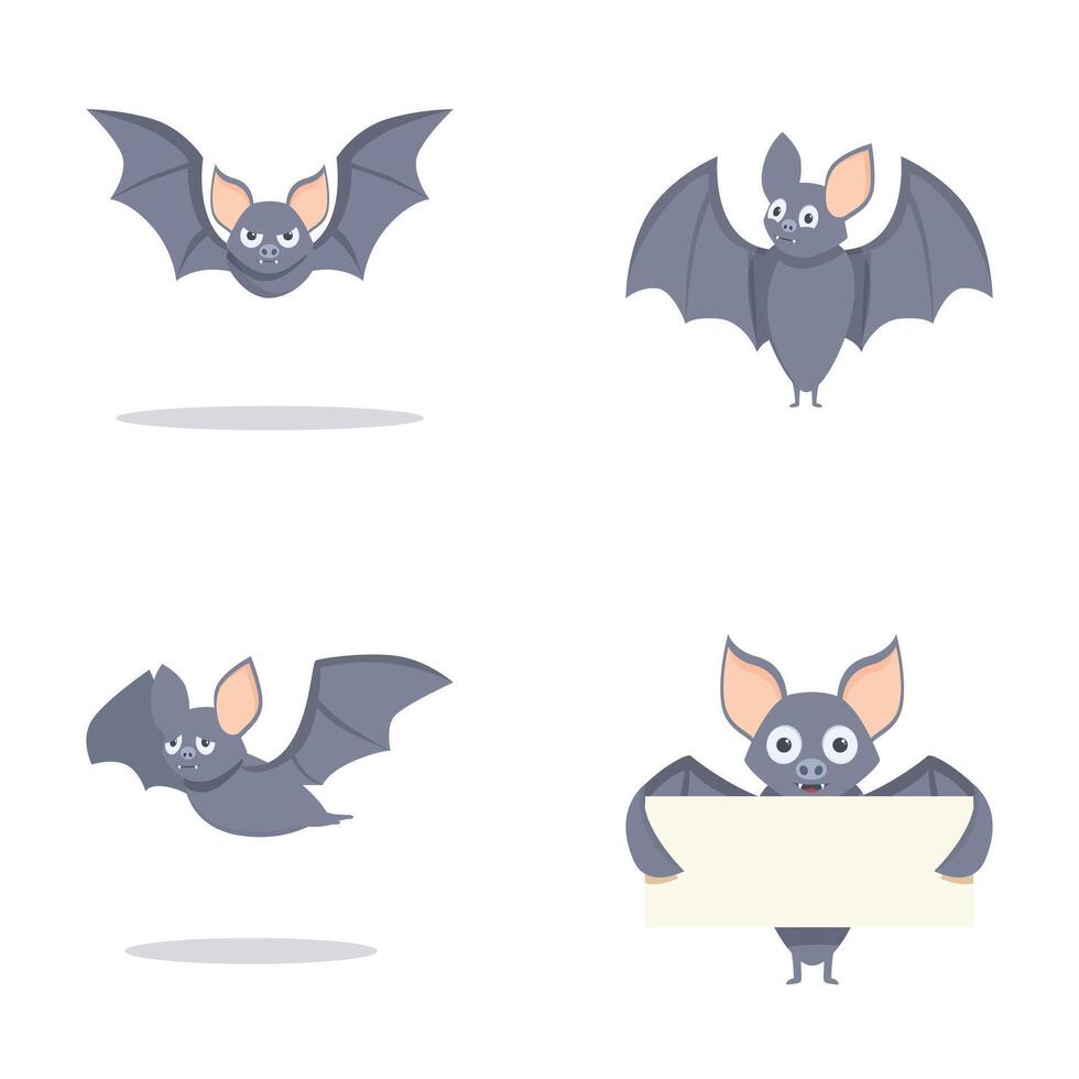Collection of cute cartoon bats in various poses, one holding a blank banner vector