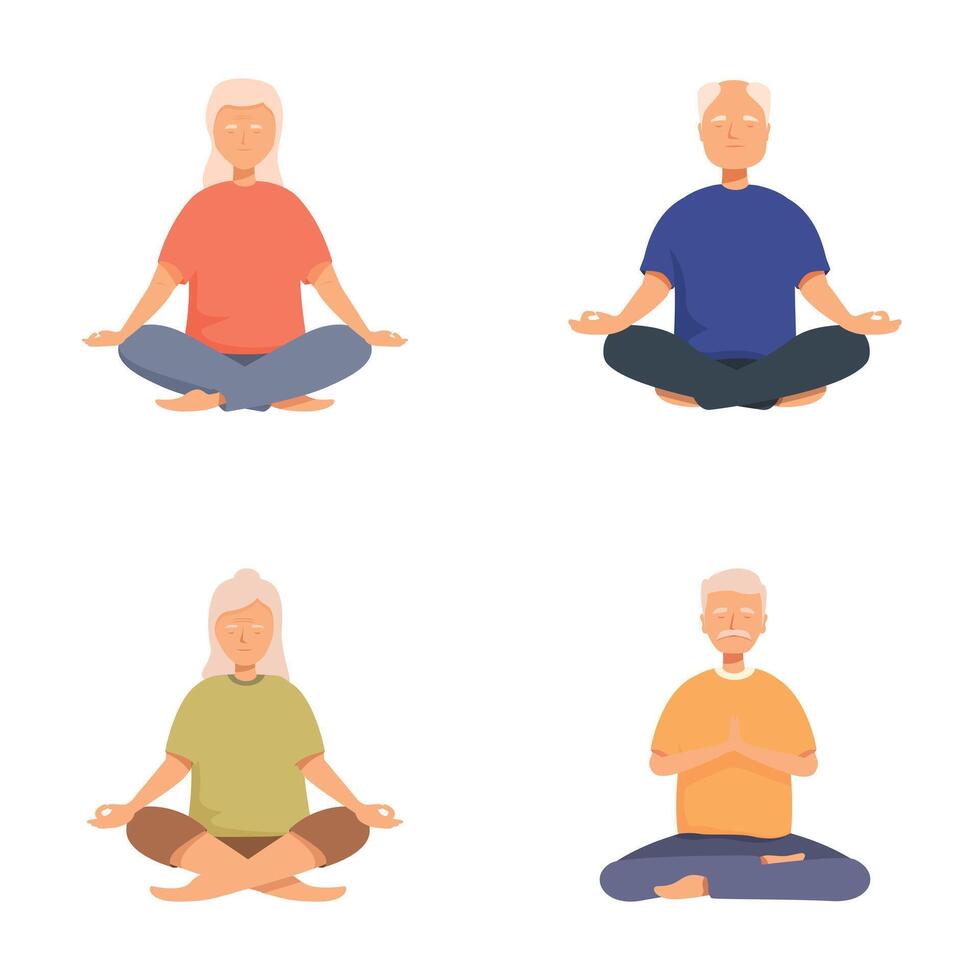 Senior cartoon characters practicing yoga meditation vector