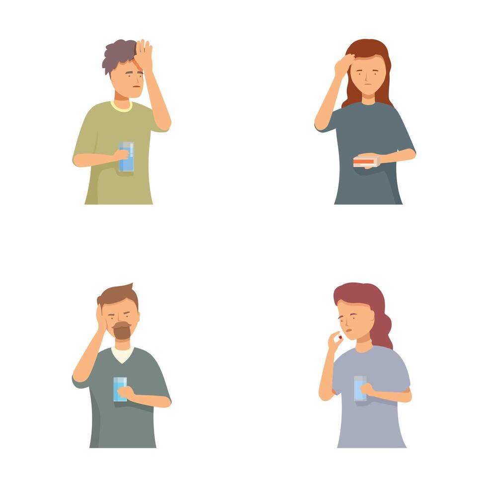 Set of people showing headache symptoms and discomfort vector