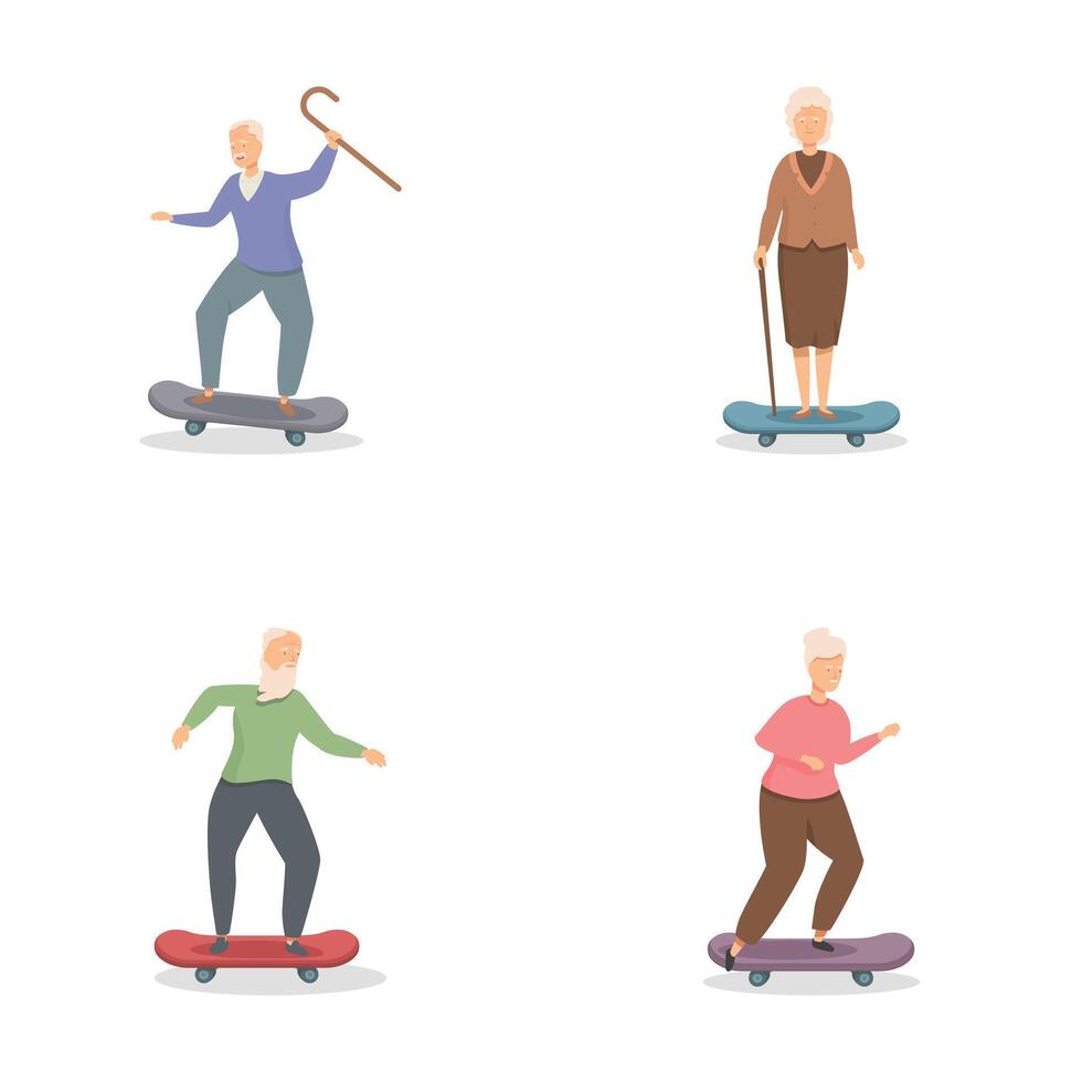 Active seniors skateboarding illustration set vector