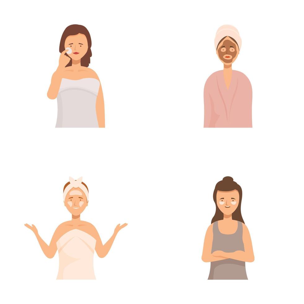 Set of women enjoying skincare routine vector