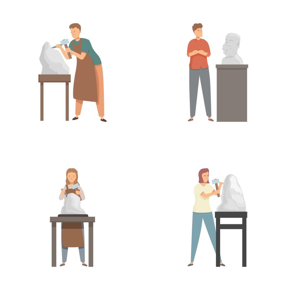 Artists carving sculptures studio set vector