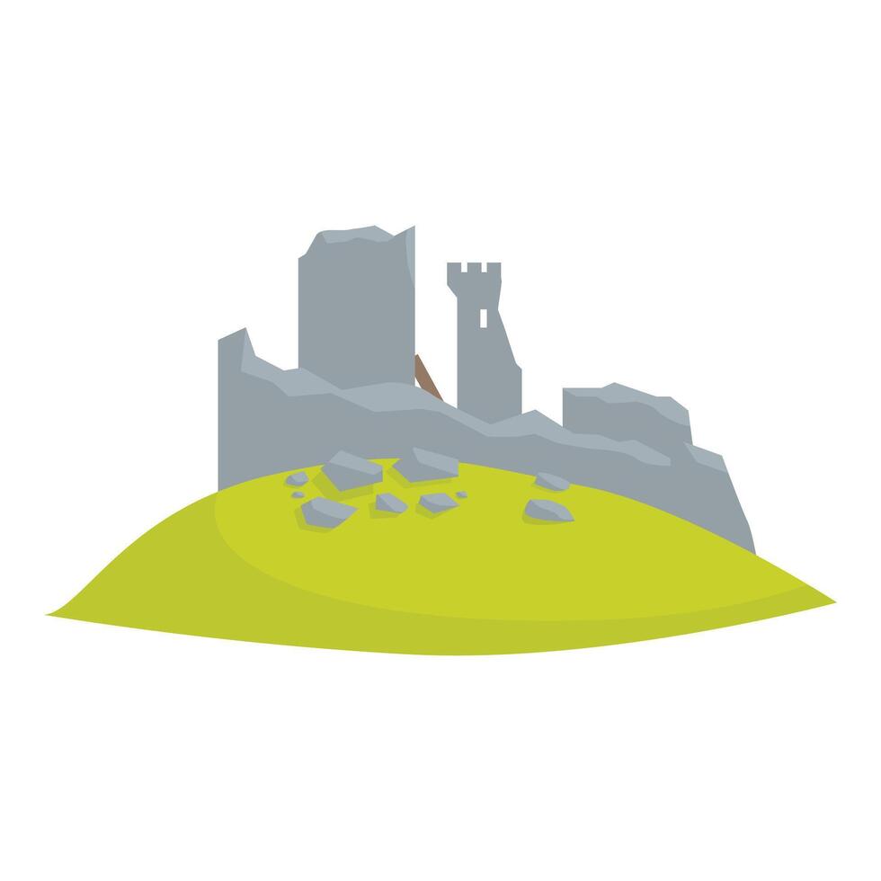 Old grey destroyed castle ruins building on green hill illustration vector