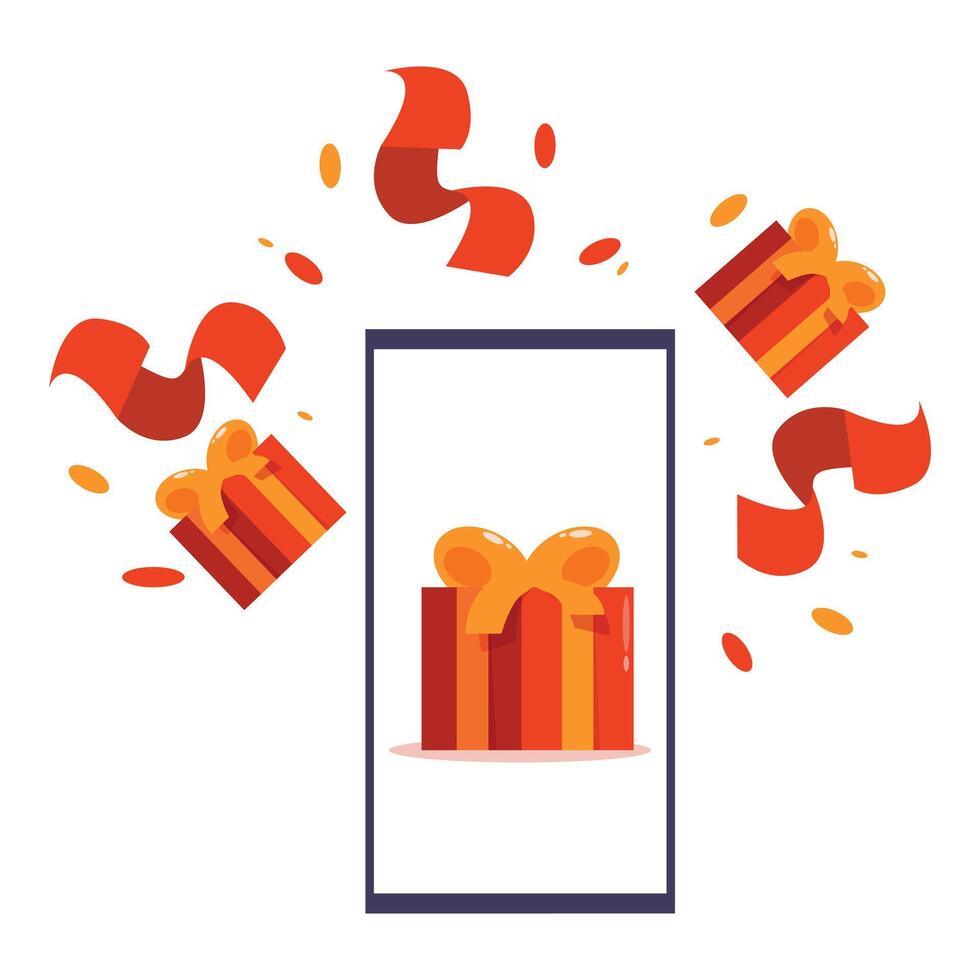Gift boxes appearing from smartphone screen surrounded by confetti vector