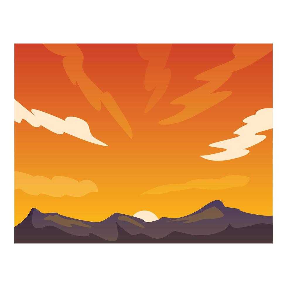 The sun setting behind a mountain range with a vivid orange sky vector