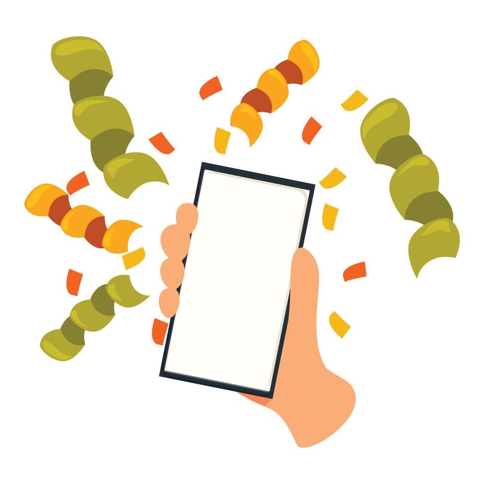 Hand holding smartphone with confetti exploding from screen vector