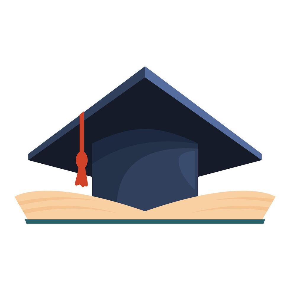 Graduation cap resting on open book symbolizing knowledge vector