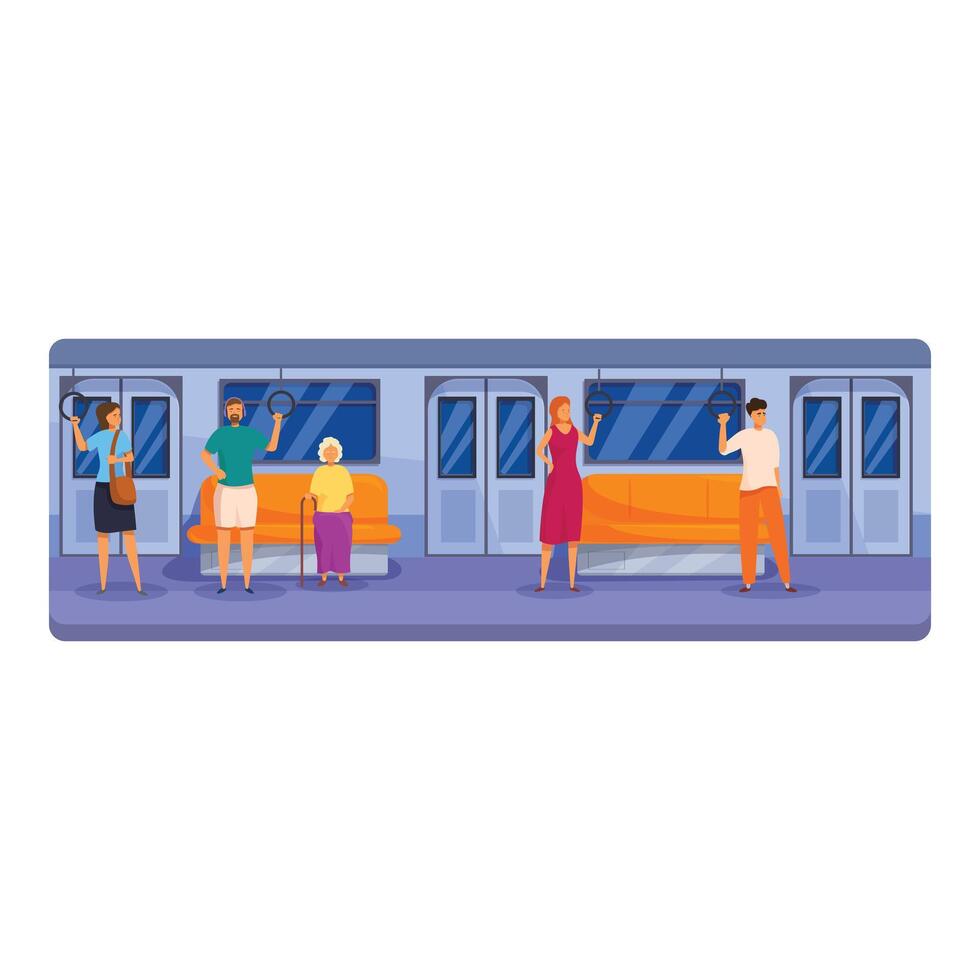 Diverse group of people riding modern subway train vector