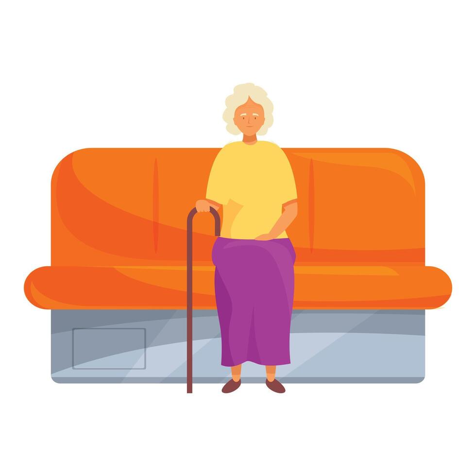 Elderly woman holding walking stick sitting on subway seat vector