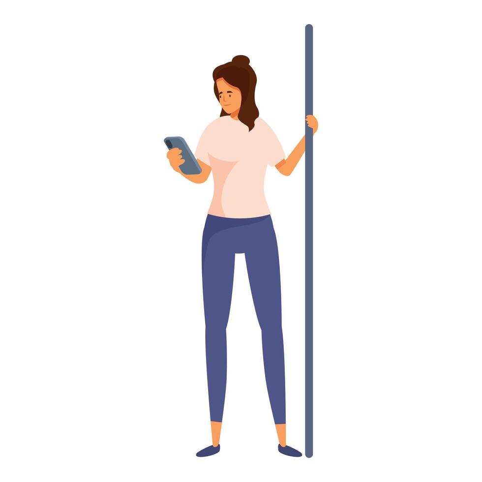 Young woman is using smartphone while standing on public transport vector