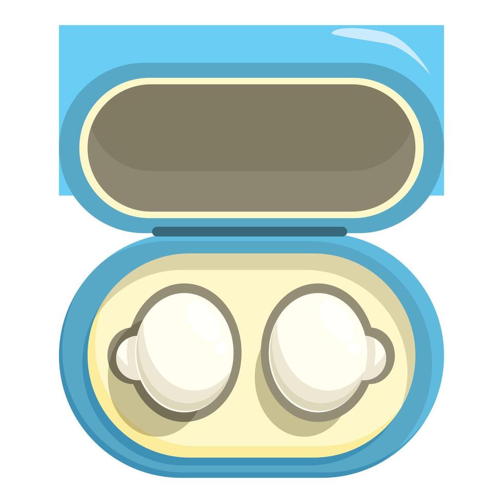 Open wireless earbuds charging case lying on white background vector
