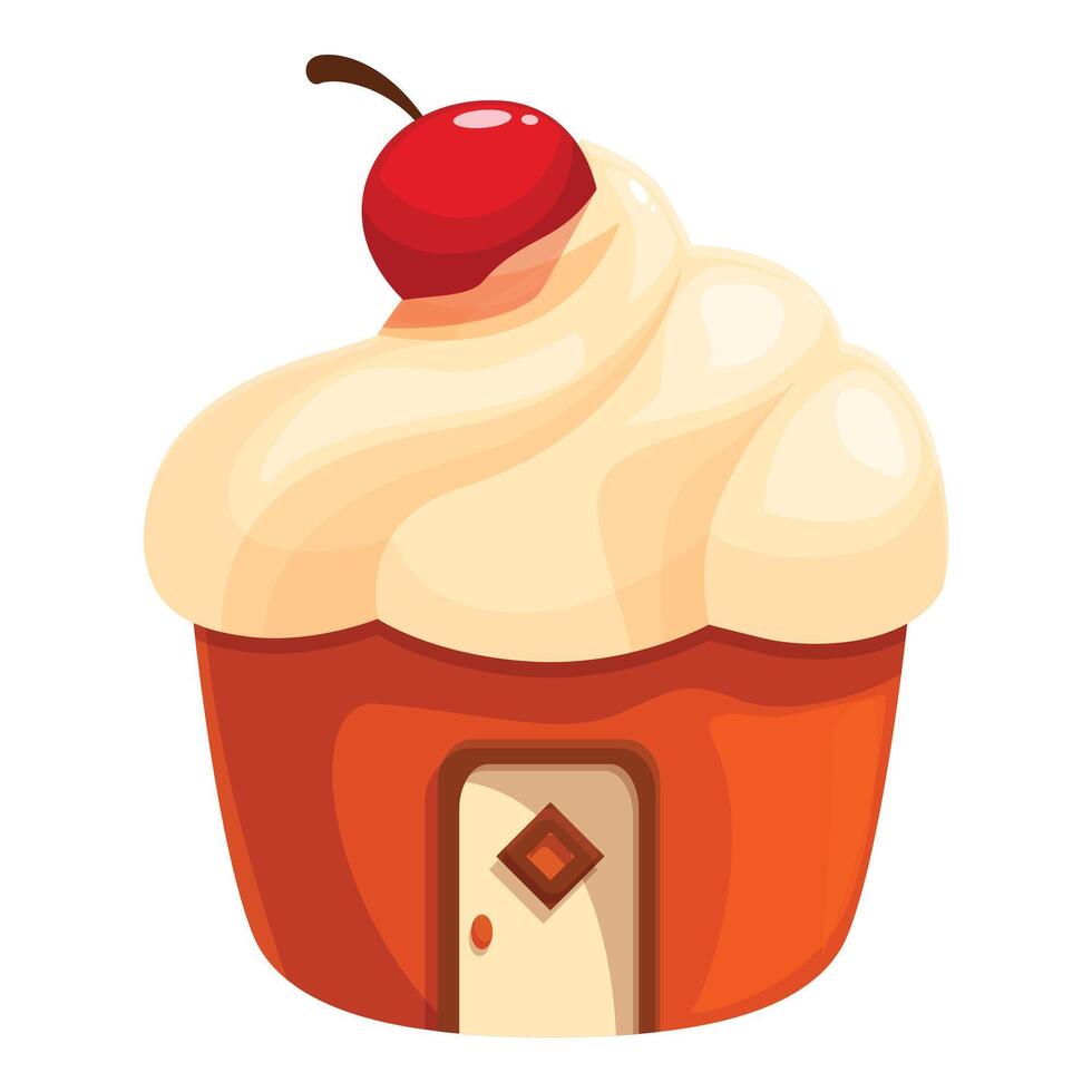 Red cupcake house with white icing roof and cherry on top vector