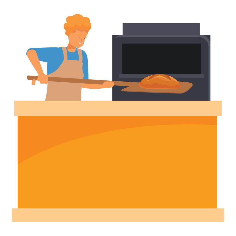 Baker putting bread loaf into oven using wooden peel vector