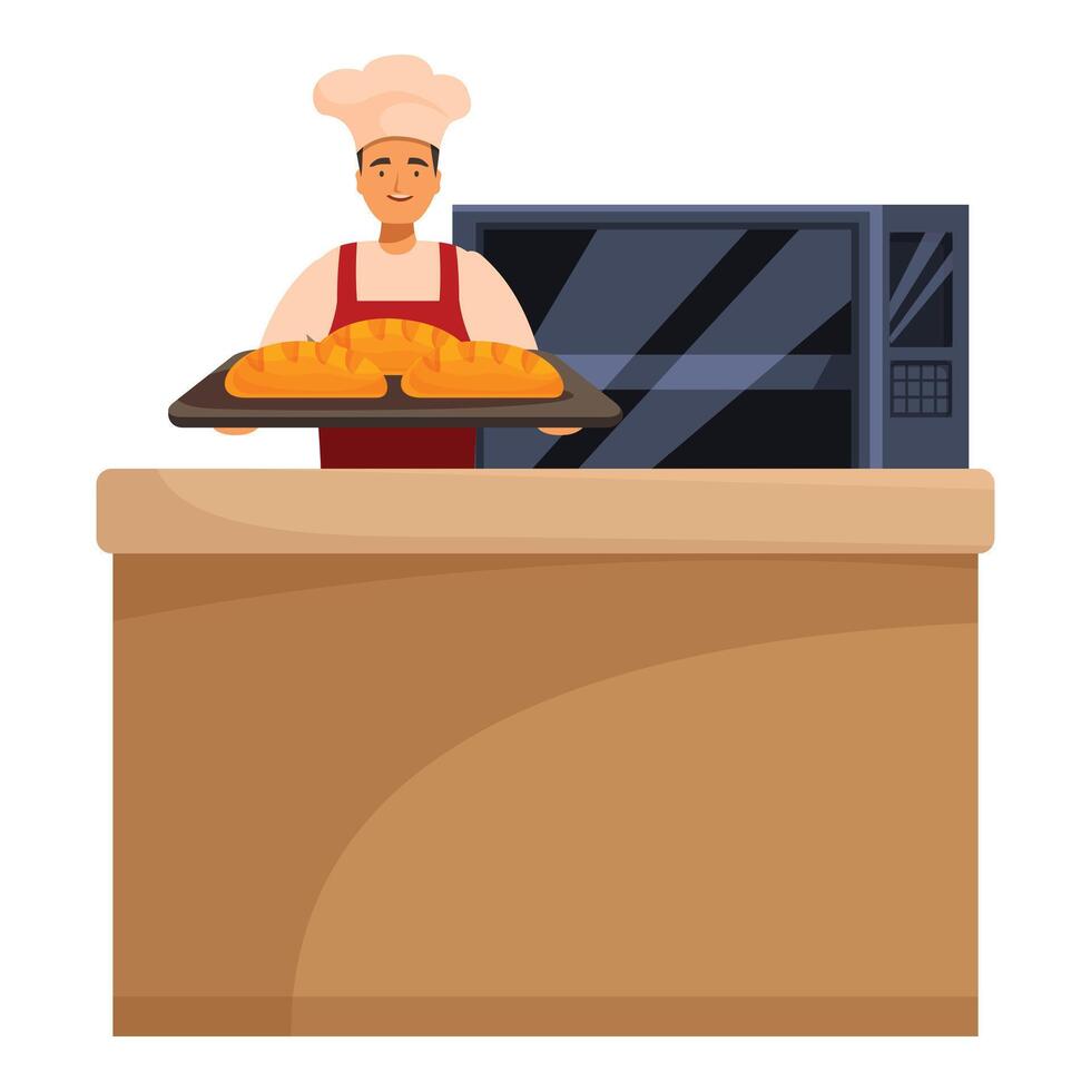 Baker holding freshly baked bread in front of oven vector