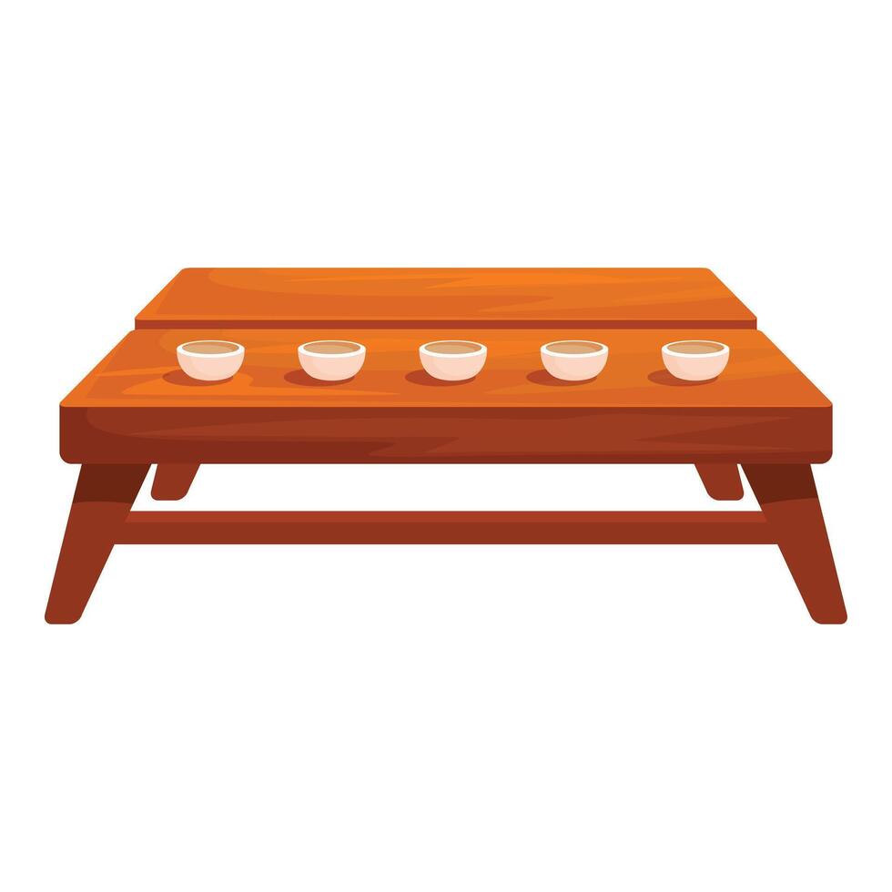 Wooden table displaying five teacups for a traditional tea ceremony vector