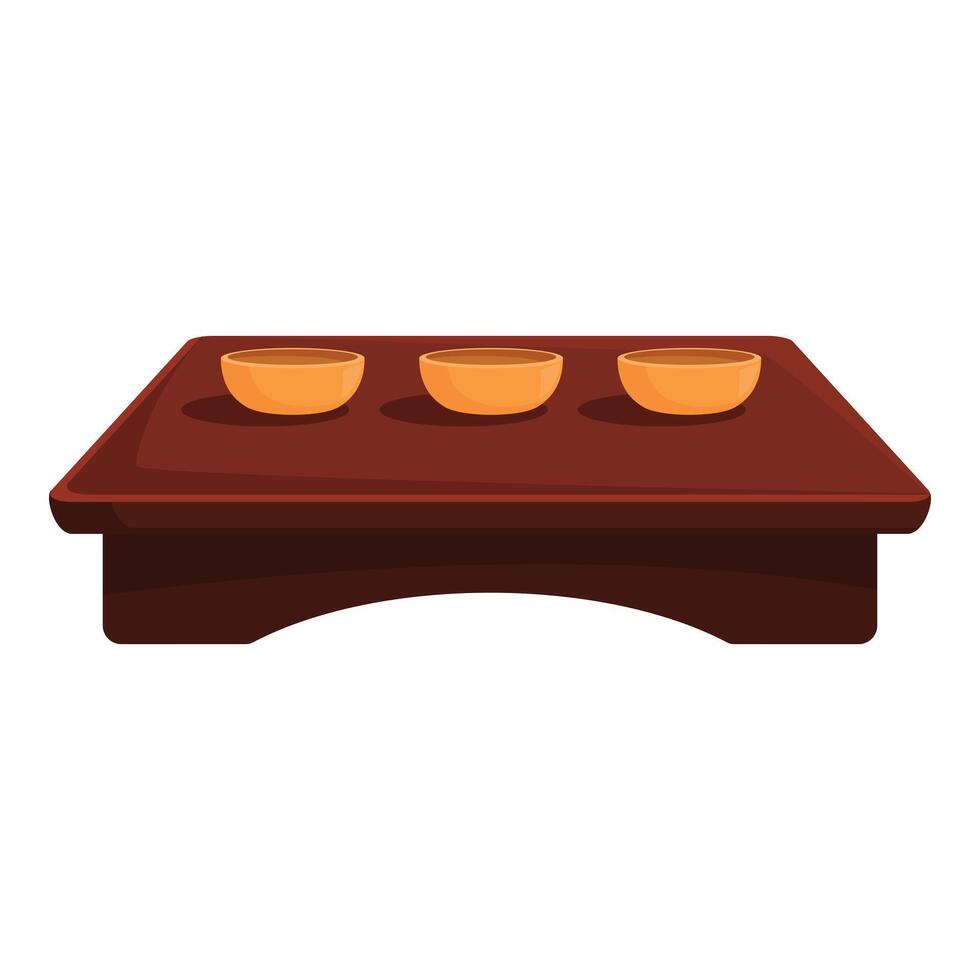 Wooden tea ceremony table displaying three teacups vector