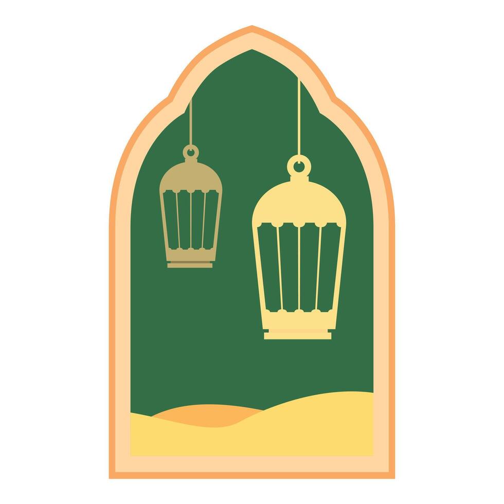 Two arabic lanterns hanging in the window overlooking the desert vector