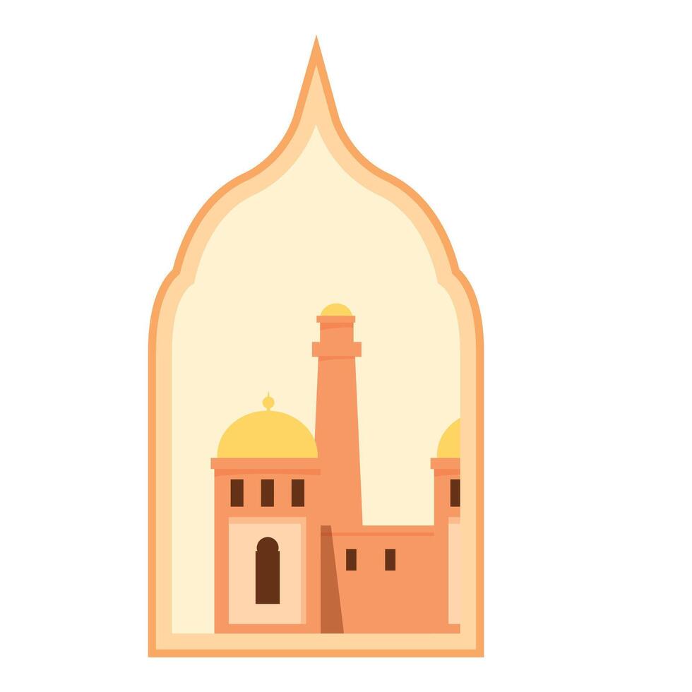 Mosque building appearing through traditional arabic window frame vector
