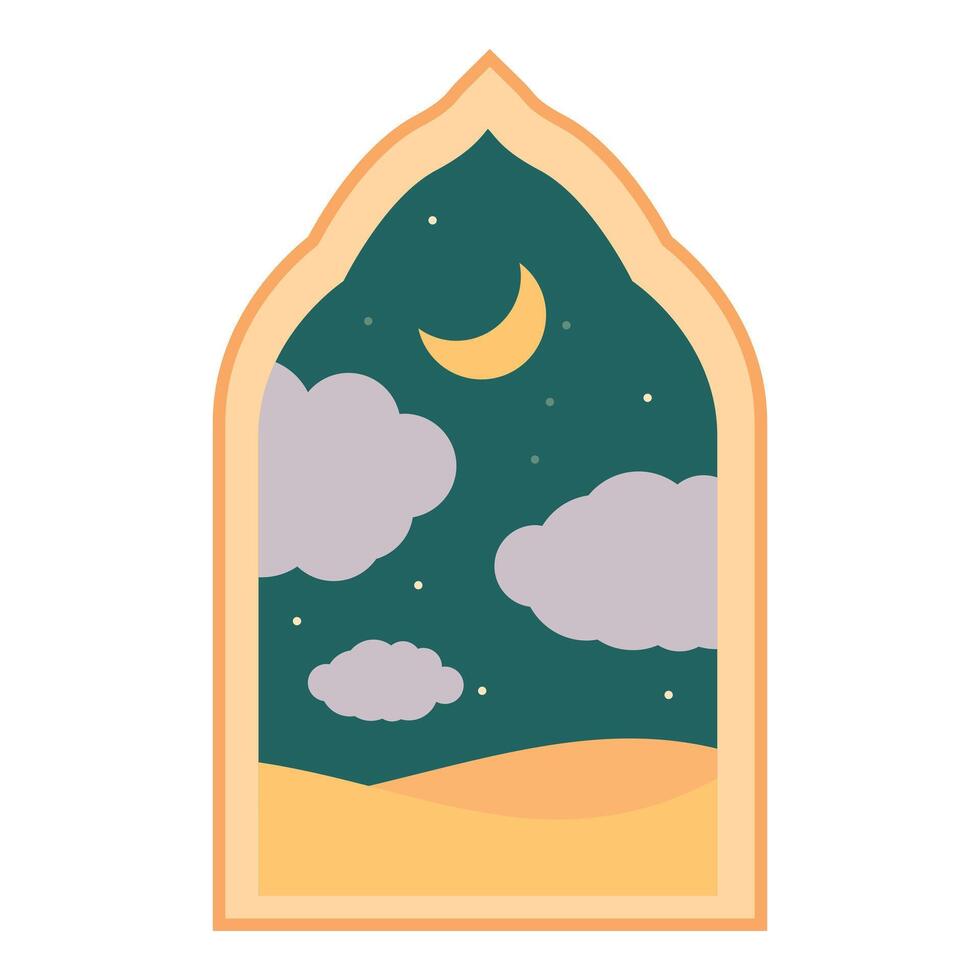 Arabian window showing crescent moon shining over desert at night vector