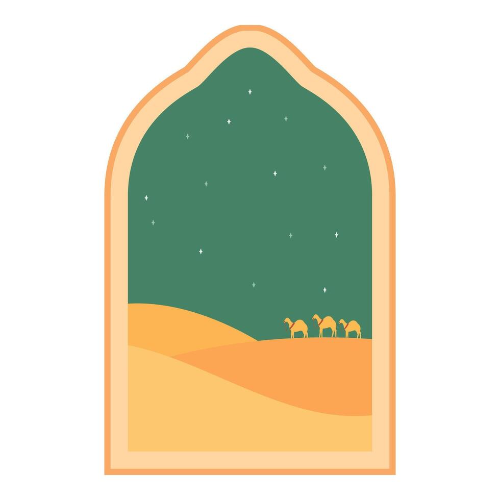 Caravan of camels walking through desert under starry night in oriental arch window vector