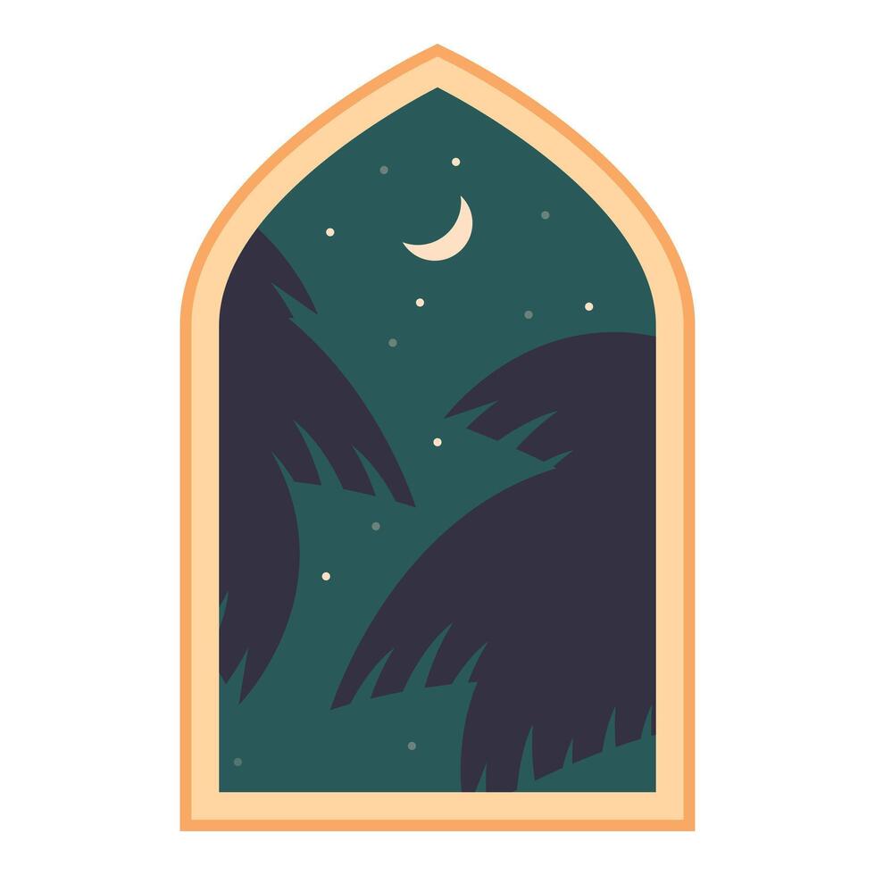 Arched window showing crescent moon over palm trees at night vector