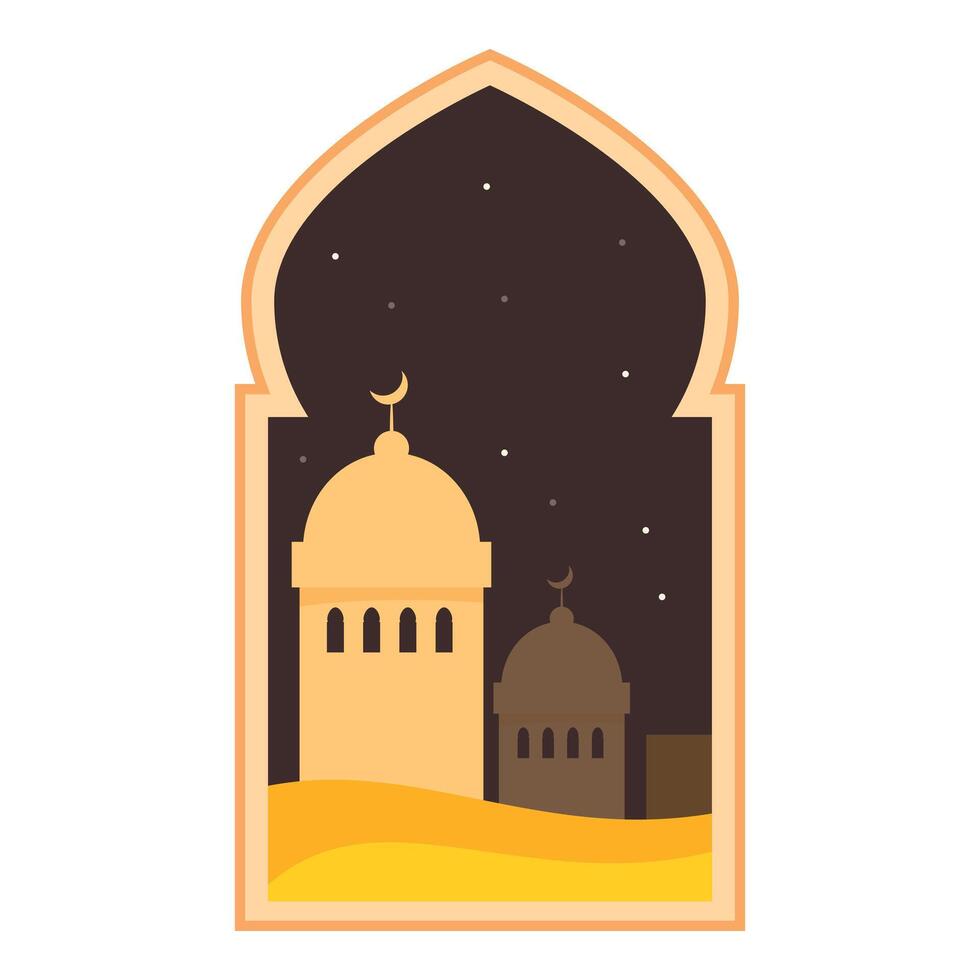 Arabian window showing mosques in the desert at night vector