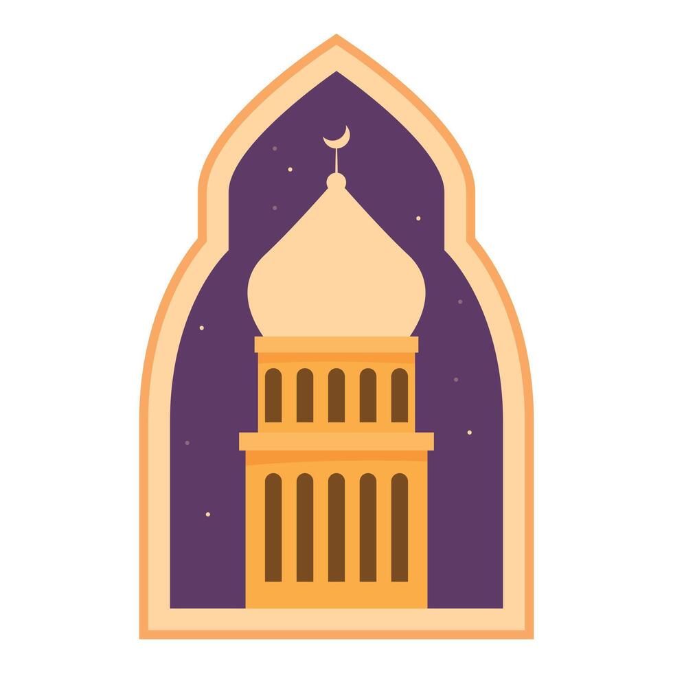 Islamic mosque building at night with stars and moon showing through archway vector
