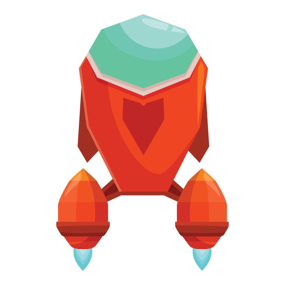 Red cartoon spaceship flying with blue flames from its engines vector