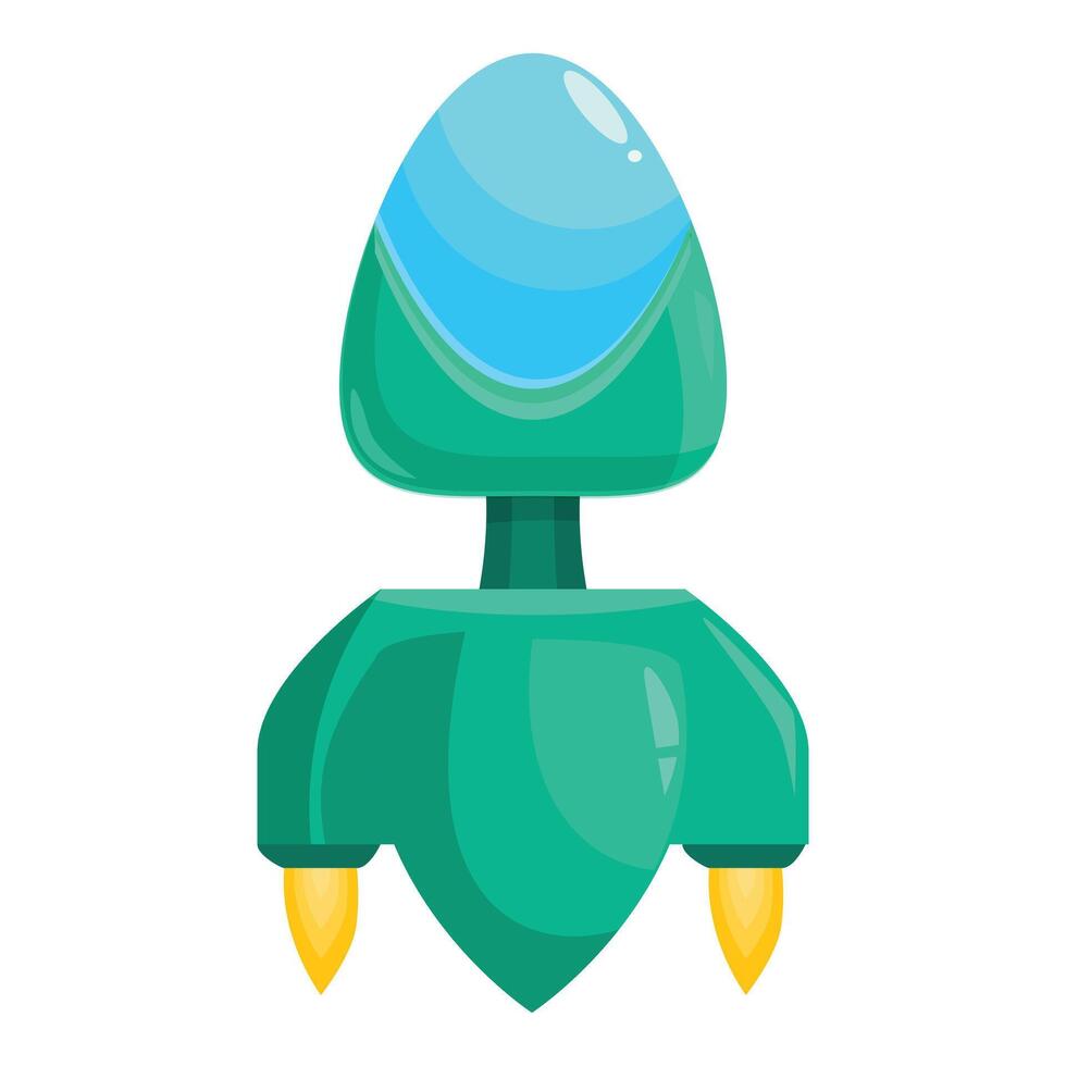 Cartoon spaceship flying with blue window and yellow flames vector