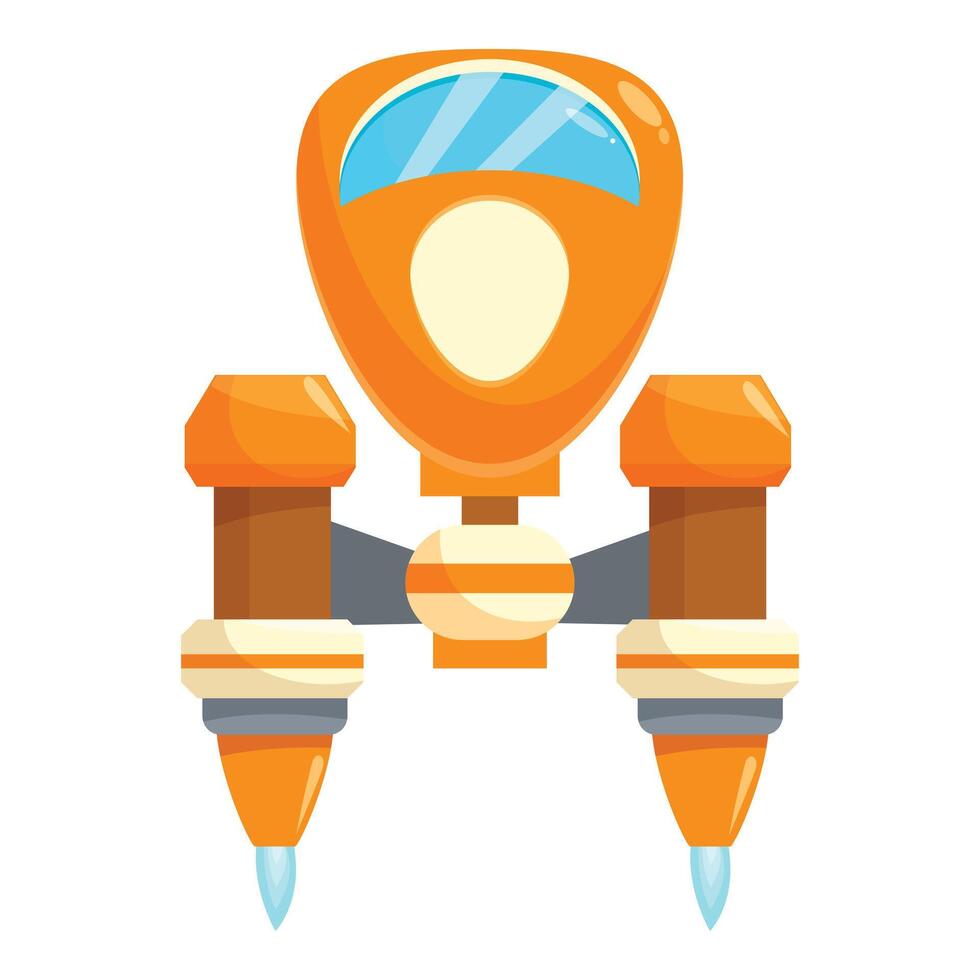 Cartoon spaceship flying through space with blue engines firing vector