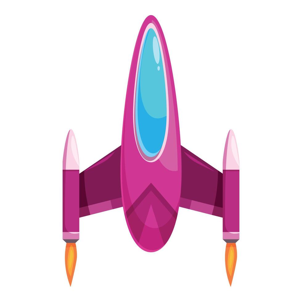 Pink spaceship flying with burning engines, space exploration program vector