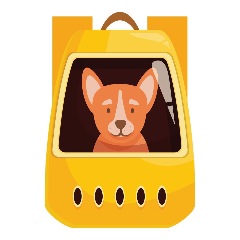 Cute dog sitting in yellow pet carrier bag vector