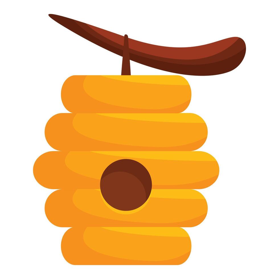 Wooden beehive hanging from tree branch with round entrance vector