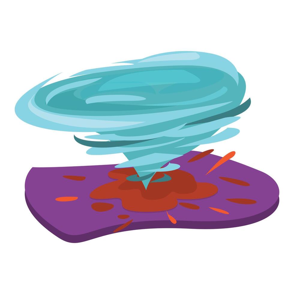Blue tornado rotating over land and creating crater in ground vector