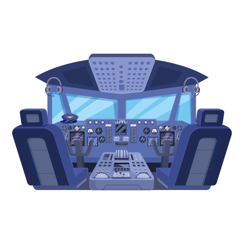 Empty airplane cockpit with control panel and pilot seats vector