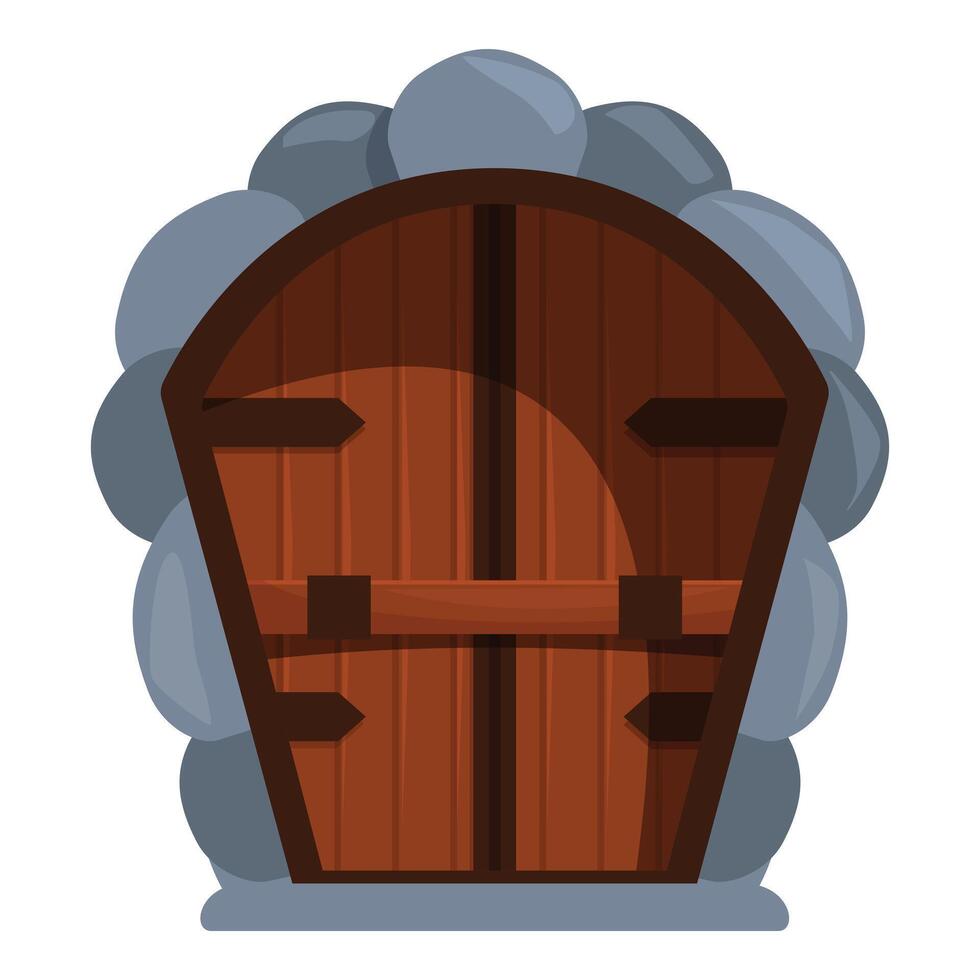 Old wooden door is being closed in stone wall vector