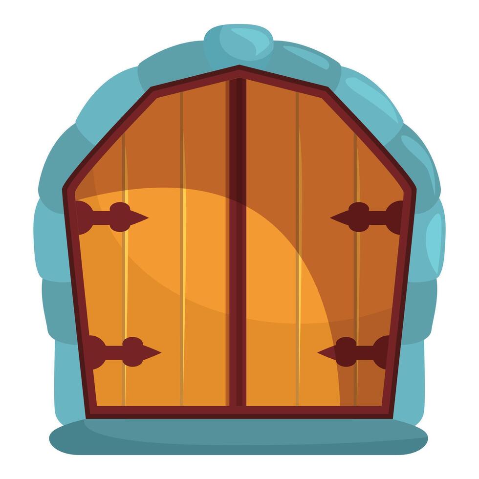 Old wooden door with metal rivets opening into stone wall vector